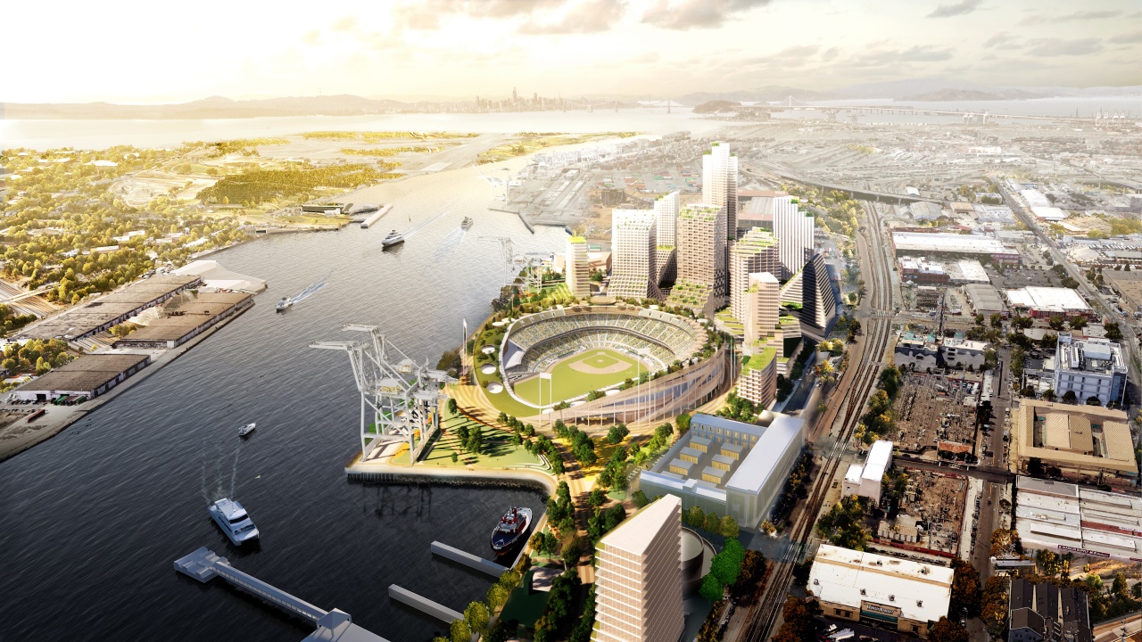 The Howard Terminal site and the proposed A's ballpark are shown in a rendering supplied by the Oakland A's. (Courtesy of Oakland A's)